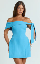 Cecilia Mini Dress - Off Shoulder Tie Detail Dress in Blue