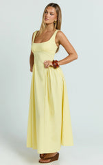 Donatella Midi Dress - Ruched Bust Fit And Flare Dress in Lemon