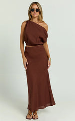 Collins Midi Skirt - Linen Look High Waisted Linen Look Bias Slip Skirt in Chocolate