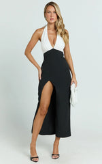 Kaitlin Midi Dress - Contrast Halter Plunge Tie Back Fitted Dress in Black