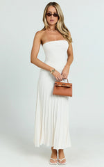 Paris Midi Dress - Strapless Drop Waist Pleated Knit Dress in White