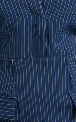 Ophelia Midi Dress - Collared Pinstripe Long Sleeve Fitted Dress in Navy