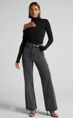 Kiefer Top - Asymmetric Long Sleeve Cutout Top in Black