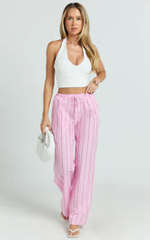 Layla Pants - Mid Waisted Relaxed Elastic Waist Pants in Pink Stripe
