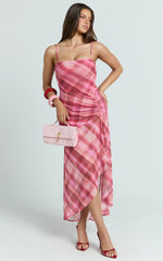 Pascal Midi Dress - Mesh Spaghetti Strap Split Dress in Cherry Check Print