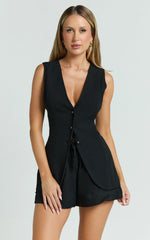 Olivia Top - Longline Linen V Neck Back Tie Vest Top in Black