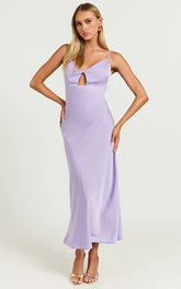 Amitola Midi Dress - V Neck Cut Out Slip Dress in Lilac