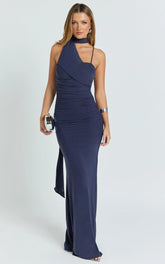 Larson Maxi Dress - Asymmetric Tie Neck Column Dress in Ink