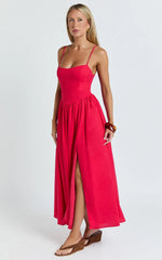 Morris Midi Dress - Linen Scoop Neck Gathered Dress in Red