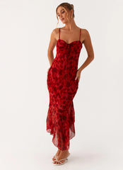 Sally Midi Dress - Deep Red Floral