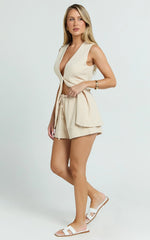 Olivia Top - Longline Linen V Neck Back Tie Vest Top in Natural