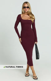 Lucy Midi Dress - Ribbed Side Ruched Bodycon Dress in Wine