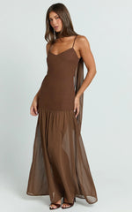 Calvin Maxi Dress - Linen Look Contrast Georgette Skirt with Neck Scarf in Chocolate