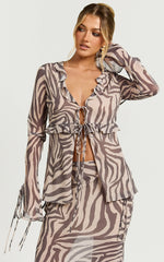 Rita Top - Georgette Tie Front Flared Sleeve Top in Abstract Zebra Print