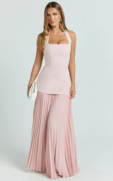 Loretta Maxi Dress - Contrast Halter Neck Pleated Dress in Pink