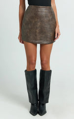Lilibeth Mini Skirt - High Waisted Faux Leather Skirt in Brown