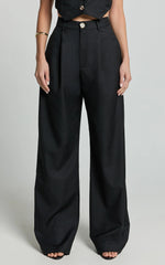 Izara Trousers - Mid Rise Relaxed Straight Leg Tailored Trousers in Black