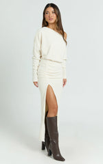Alyce Midi Dress - Jersey Asymmetric Ruched Bodycon Dress in Off White