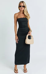 Natasha Midi Dress - Strapless Ruched Column Dress in Black
