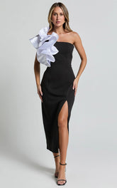 Fergie Midi Dress - Strapless 3D Floral Thigh Split Dress in Black and White