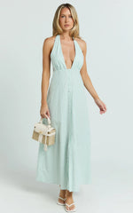 Jeienn Midi Dress - Line Placket Front Skirt Dress in Mint Stripe