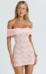 Nalani Mini Dress - Lace Off Shoulder Bodycon Dress in Pink