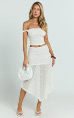Hayden Midi Skirt - Low Waisted Asymmetrical Lace Midi Skirt in White