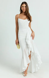 Brionna Midi Dress - Lace Neck Ruched Ruffle Hem Dress in White