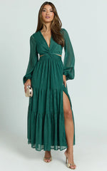 Edelyn Midi Dress - Cut Out Balloon Sleeve Tiered Dress in Emerald