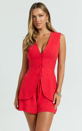 Olivia Top - Longline Linen V Neck Back Tie Vest Top in Red