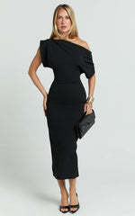 Nalfie Midi Dress - Tipped Shoulder Jersey Drape Dress in Black