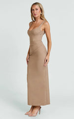 Benita Midi Dress - Scoop Neck Ruched Fitted Dress in Mocha