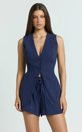 Olivia Top - Longline Linen V Neck Back Tie Vest Top in Navy