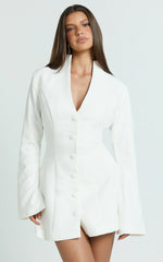 Layton Mini Dress - V Neck Long Sleeve Button Front Tulip Skirt Dress in White