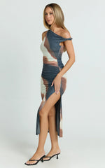 Nenita Midi Dress - One Shoulder Mesh Dress in Rust Print