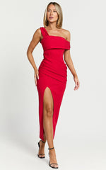 Almaida Midi Dress - Off Shoulder Ruched Side Dress in Red