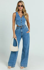 Fergie Jeans - Denim High Waisted Straight Leg Denim Jeans in Mid Blue Wash