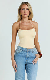 Abbey Top - Beaded Halter Neck Top in Pastel Yellow