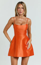 Carolina Mini Dress - Scoop Neck Panel Bodice Dress in Orange
