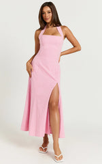 Narissa Midi Dress - Halter A Line Dress in Pink Gingham