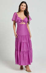 Patricia Midi Dress - Flutter Sleeve Tie Front Tiered Dress in Orchid