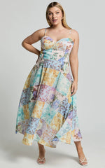Robertson Midi Dress - Strappy Sweetheart Bustier Flare Dress in Vintage Floral