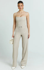 Charlize Pants - Stretch Slim Leg Front Buckle Pants in Stone