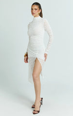 Karlene Midi Dress - Stretch Lace Long Sleeve Ruched Split Hem Dress in Ivory