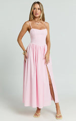 Morris Midi Dress - Linen Scoop Neck Gathered Dress in Pink