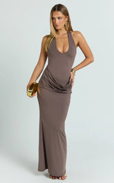 Heath Maxi Dress - Scoop Halter Neck With Drape Front Skirt Back Split Dress in Brown