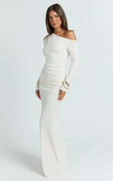 Faith Maxi Dress - Off Shoulder Long Sleeve Maxi Dress in Cream