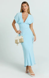 Desiree Midi Dress - V Neck Flutter Short Sleeve Slip Dress in Blue