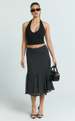 Charlie Midi Skirt - Polka Dot Low Waist Godet Skirt in Black