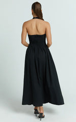 Athena Midi Dress - Halter Drop Waist Dress in Black
